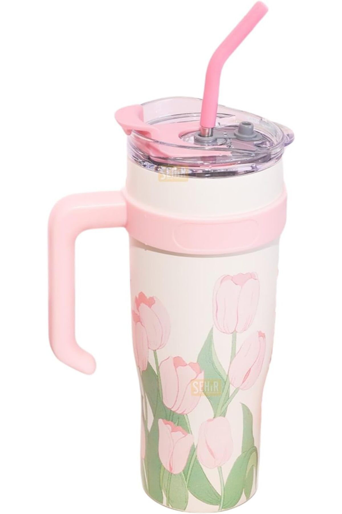 STOREMAX nffashopm Diller 1200ml Pembe Lale Desenli Tumbler Pipetli/Pipetsiz Kulplu Paslanmaz Çelik Termos s