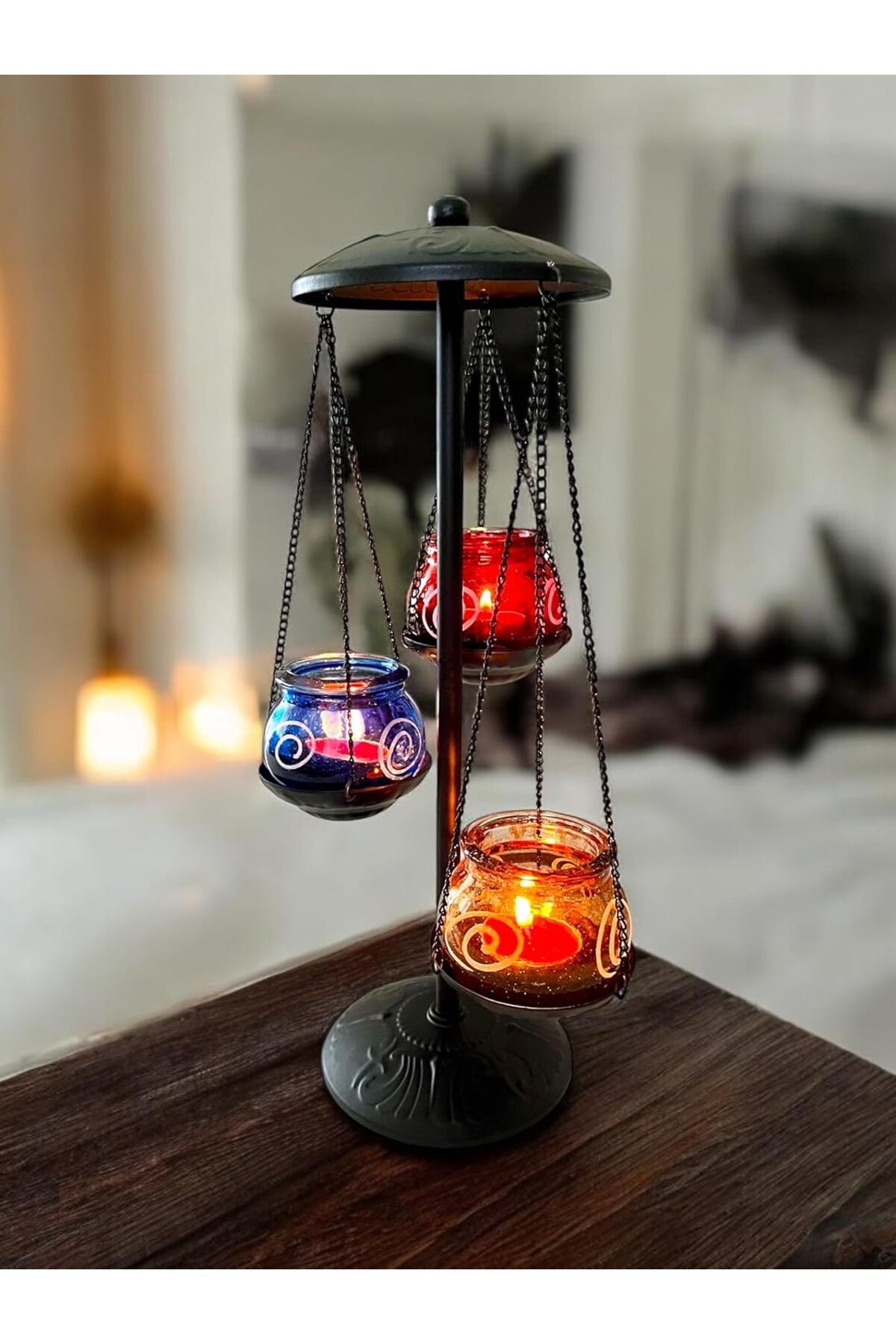 STOREMAX sellbuystore Ferforje Mumluk, 3'Lü Mumluk, Şamdan, Cam Hazneli Metal Mumluk, Ayaklı Mumluk, Teali