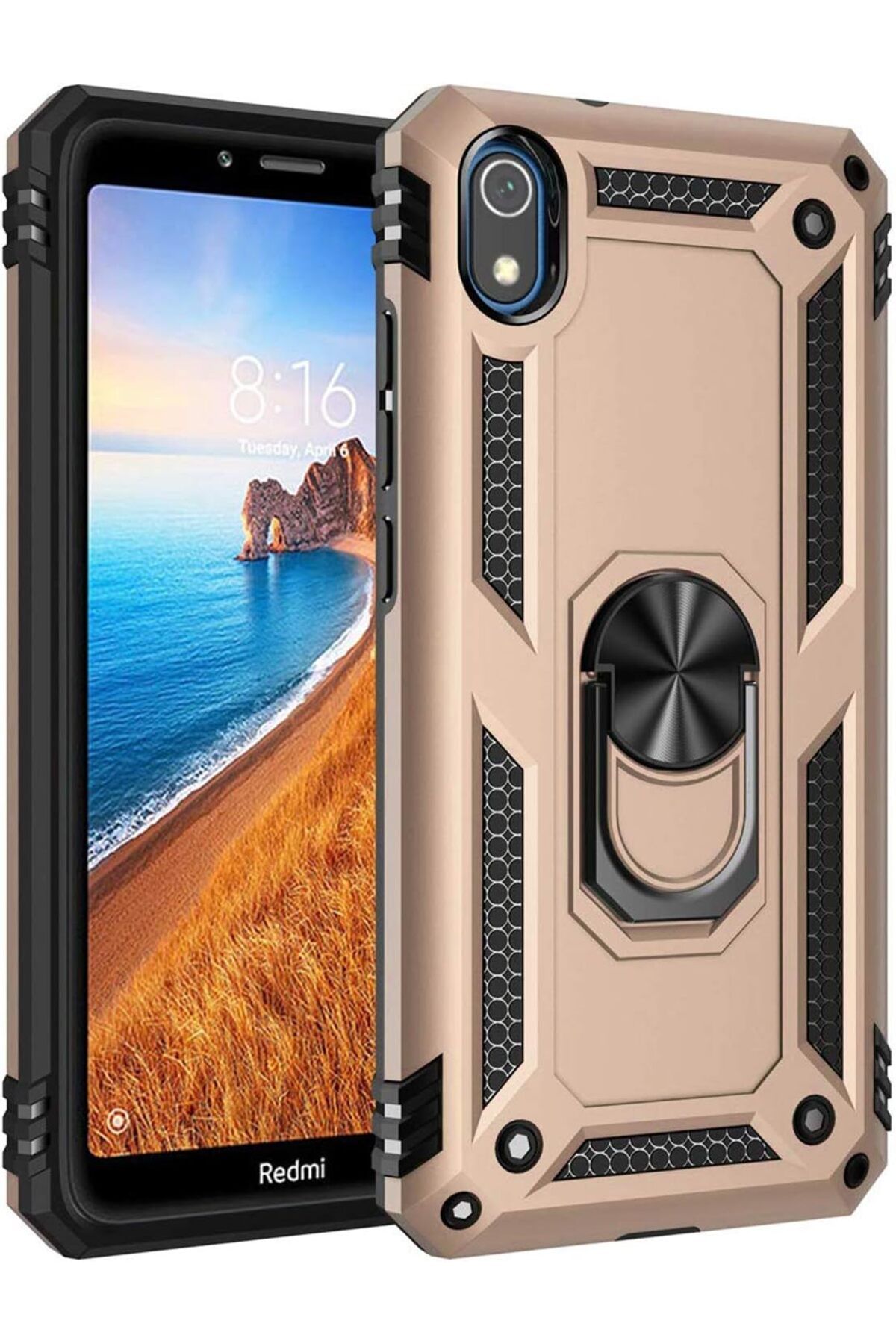 STOREMAX nffashopm Xiaomi Redmi 7A için Kılıf Military Ring Holder Gold [Redmi 7A ile Uyumlu Kılıf - Gol