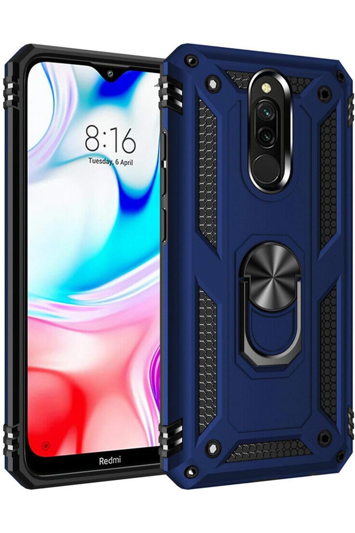 STOREMAX nffashopm Xiaomi Redmi 8 için Kılıf Military Ring Holder Lacivert [Redmi 8 ile Uyumlu Kılıf - L