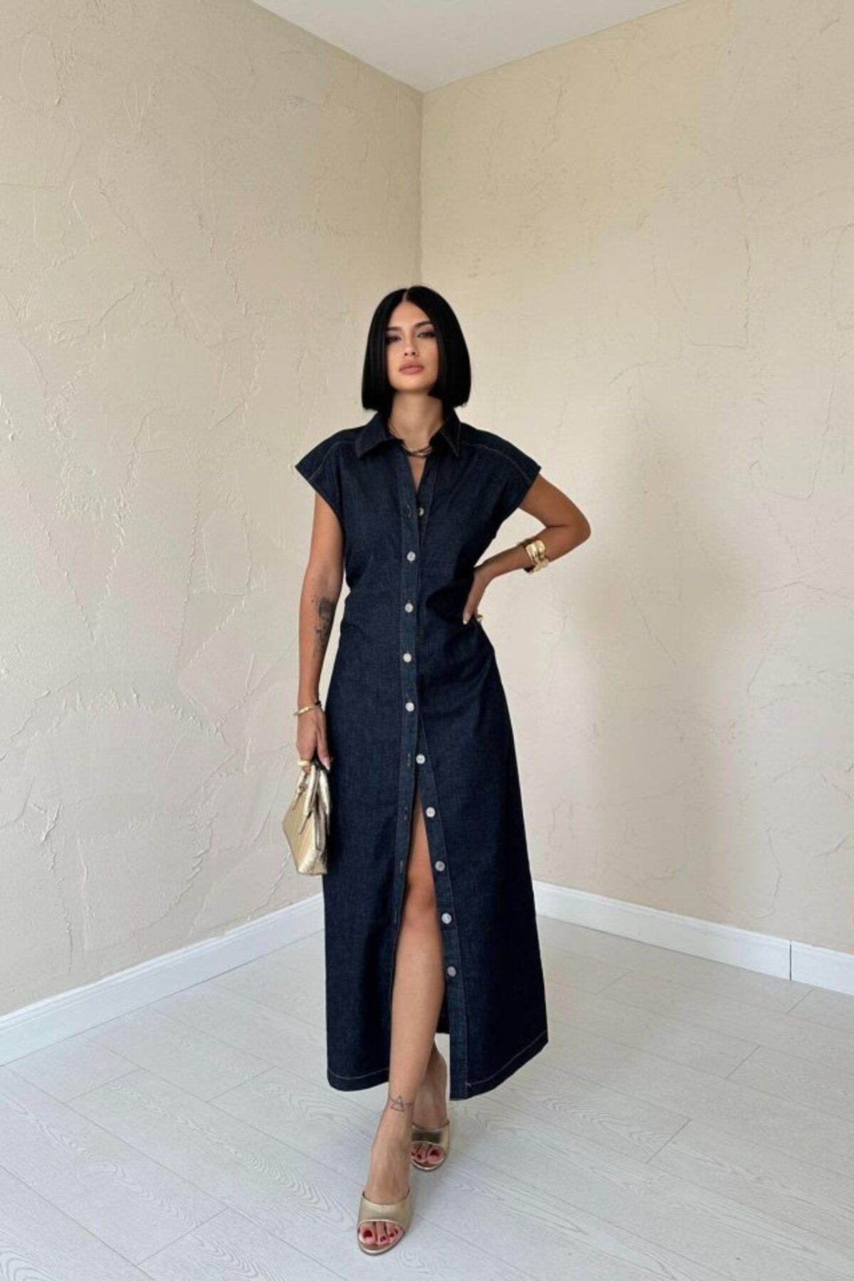 velmorafashion Mavi Kolsuz Vatkalı Elbise