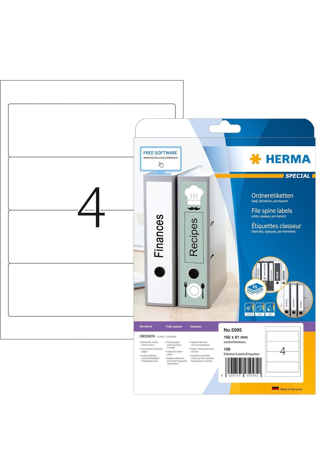 STOREMAX buymxx 5095 Klasör Sırtı Etiketleri, 25 Yaprak, 192 x 61 mm, A4 Başına 4, 100 Adet, Kendinden Y