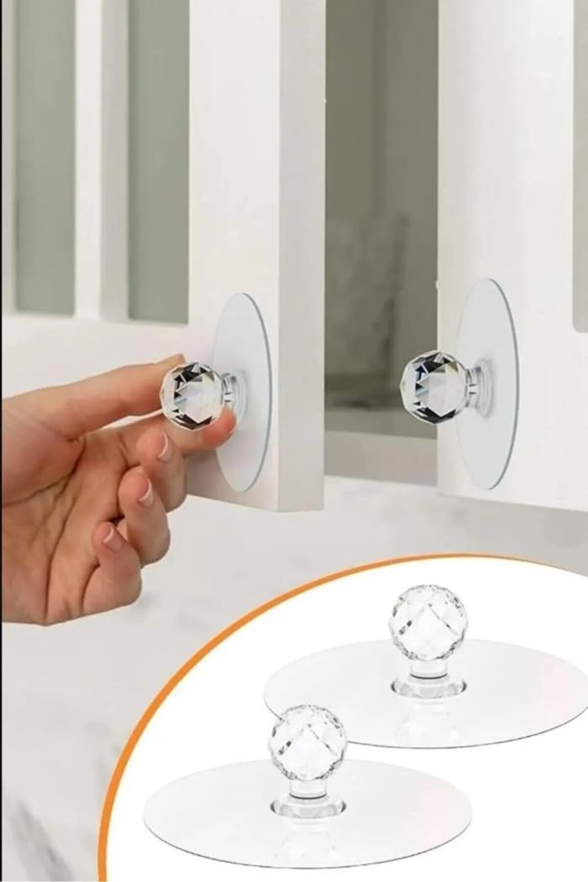 STOREMAX Home 4 Adet Kristal Kulplu Yapışkanlı Şeffaf Dolap Kulbu ve Askı Aparatı, Dekoratif