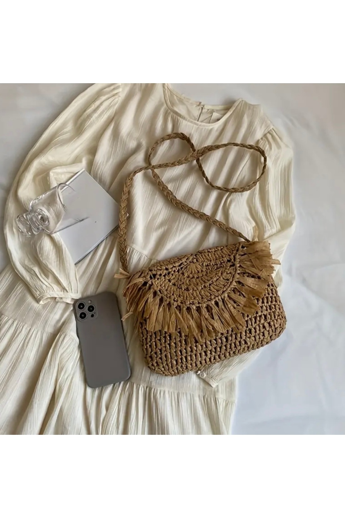 hasır bohem-Women's Knitted Handmade Paper Rope Strap Shoulder Bag Straw Bag 4