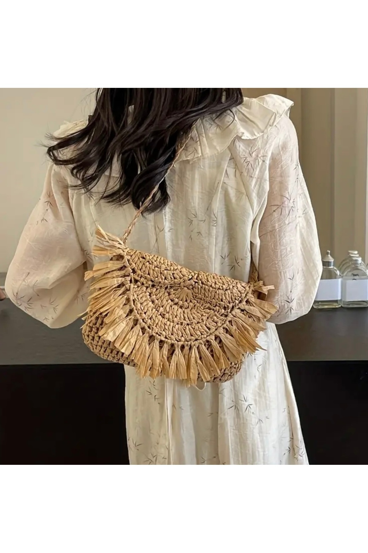 hasır bohem-Women's Knitted Handmade Paper Rope Strap Shoulder Bag Straw Bag 3