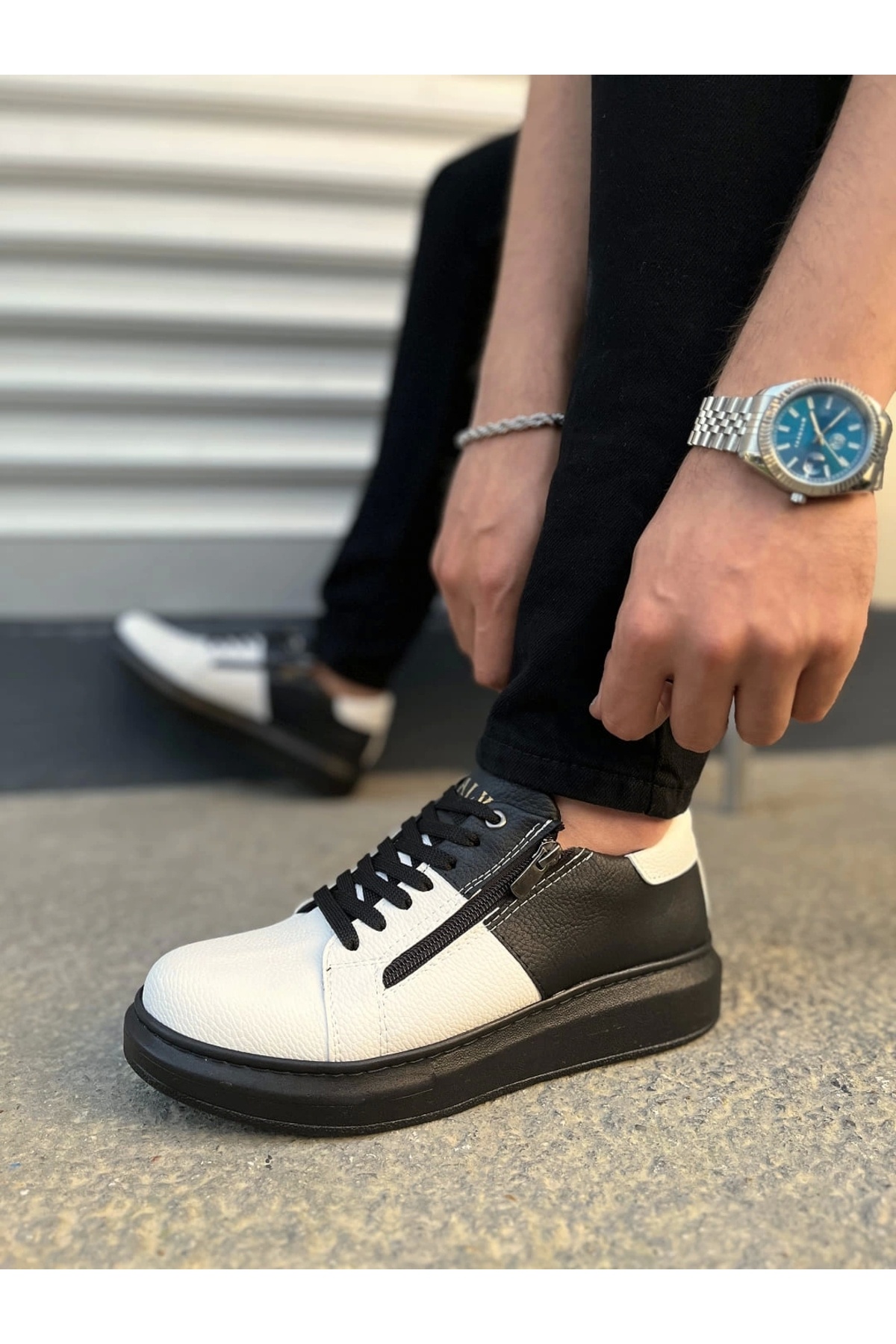 TB Terzi Bey-Tb155 Warrior Lace-Up and Zippered Skin Men's Casual Sneaker Shoes Cst - Black/White 3
