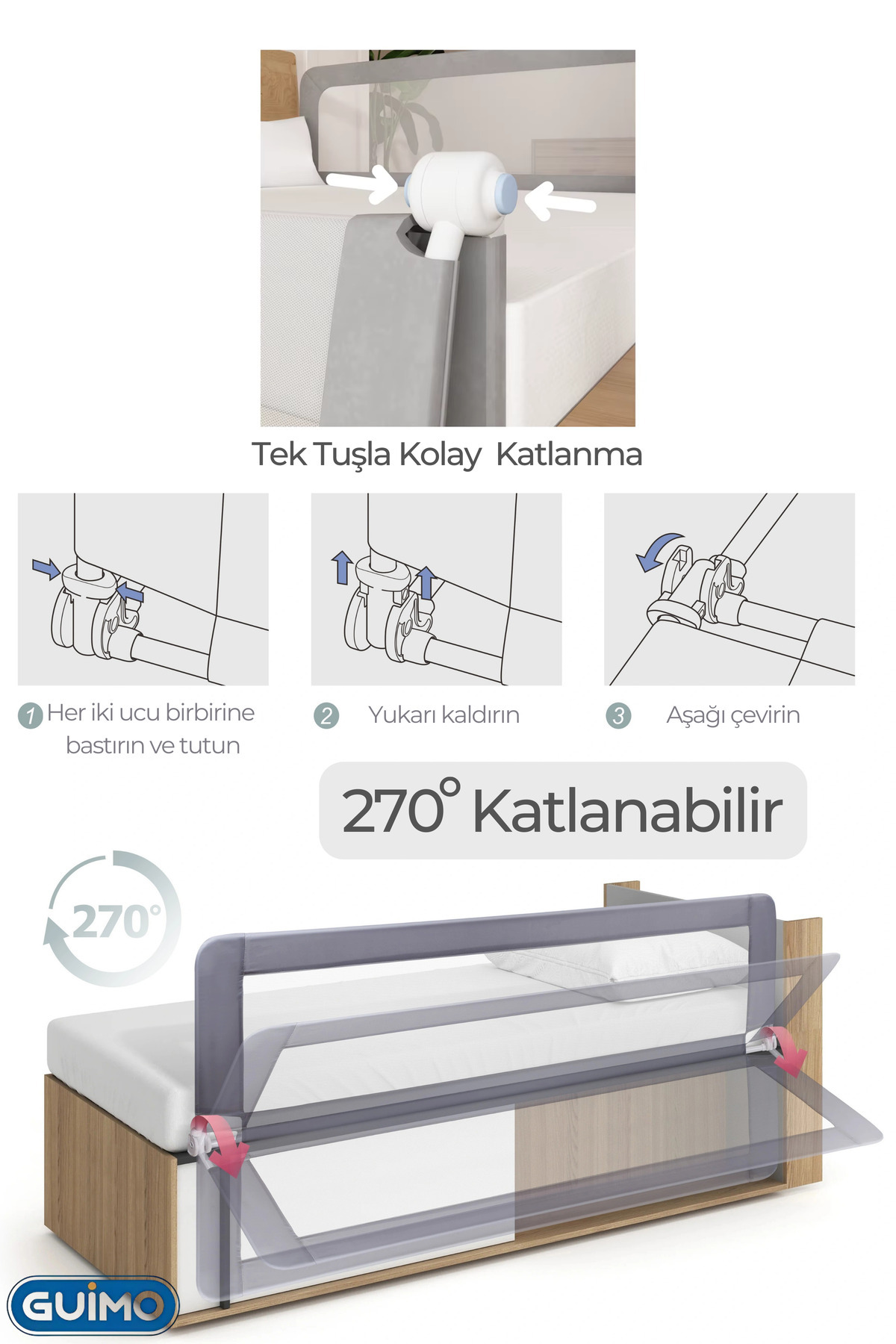 GUİMO Guimo 150cm Yatak Bariyeri Katlanır Baza Korkuluğu Beyaz Foldable Bed Rail Guard Bed Rail For Baby fotoğrafı 4 (önizleme)