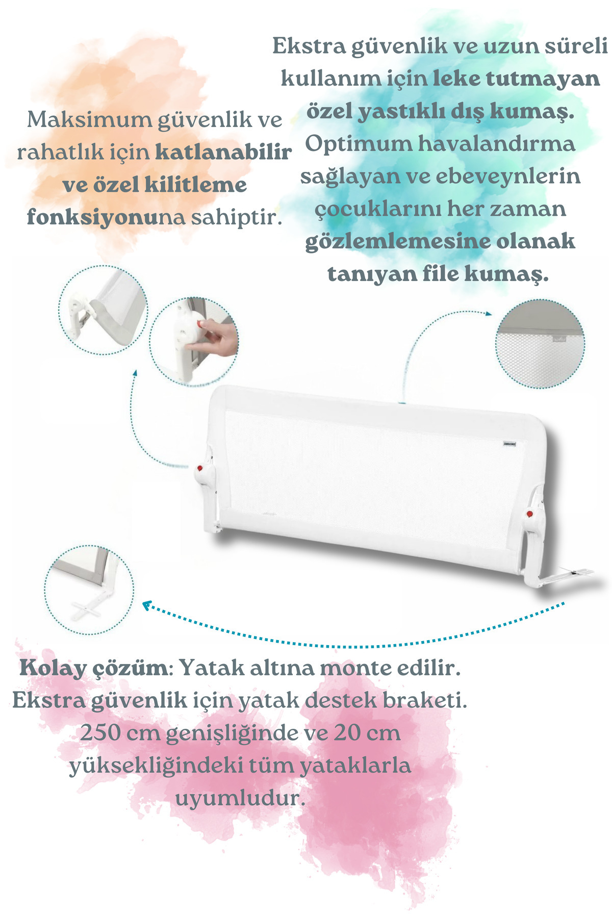 GUİMO Guimo 150cm Yatak Bariyeri Katlanır Baza Korkuluğu Beyaz Foldable Bed Rail Guard Bed Rail For Baby fotoğrafı 3 (önizleme)