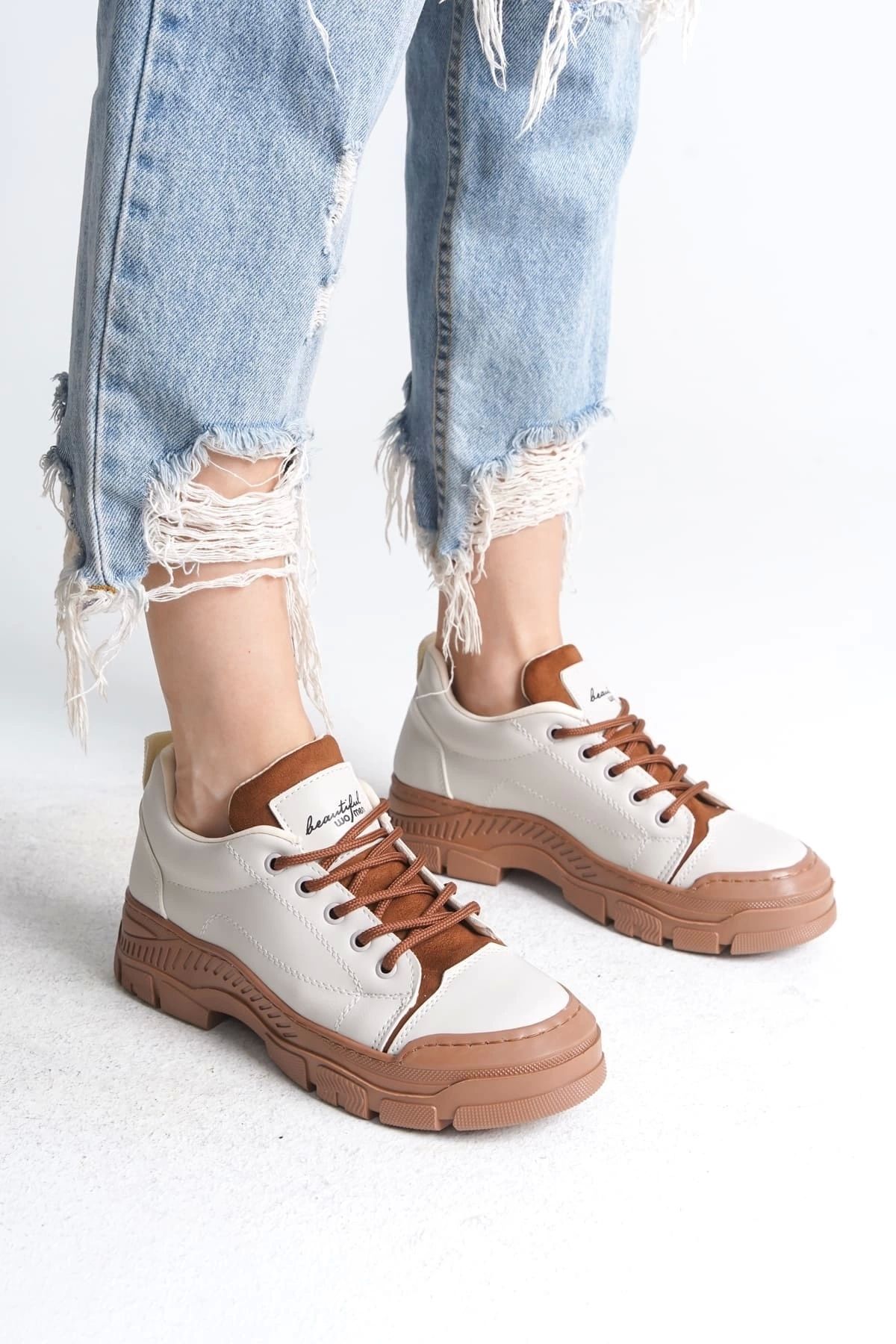 Joy Ayakkabı JANE Bağcıklı Ortopedik Taban Kadın Sneaker Spor Ayakkabı TT - Krem