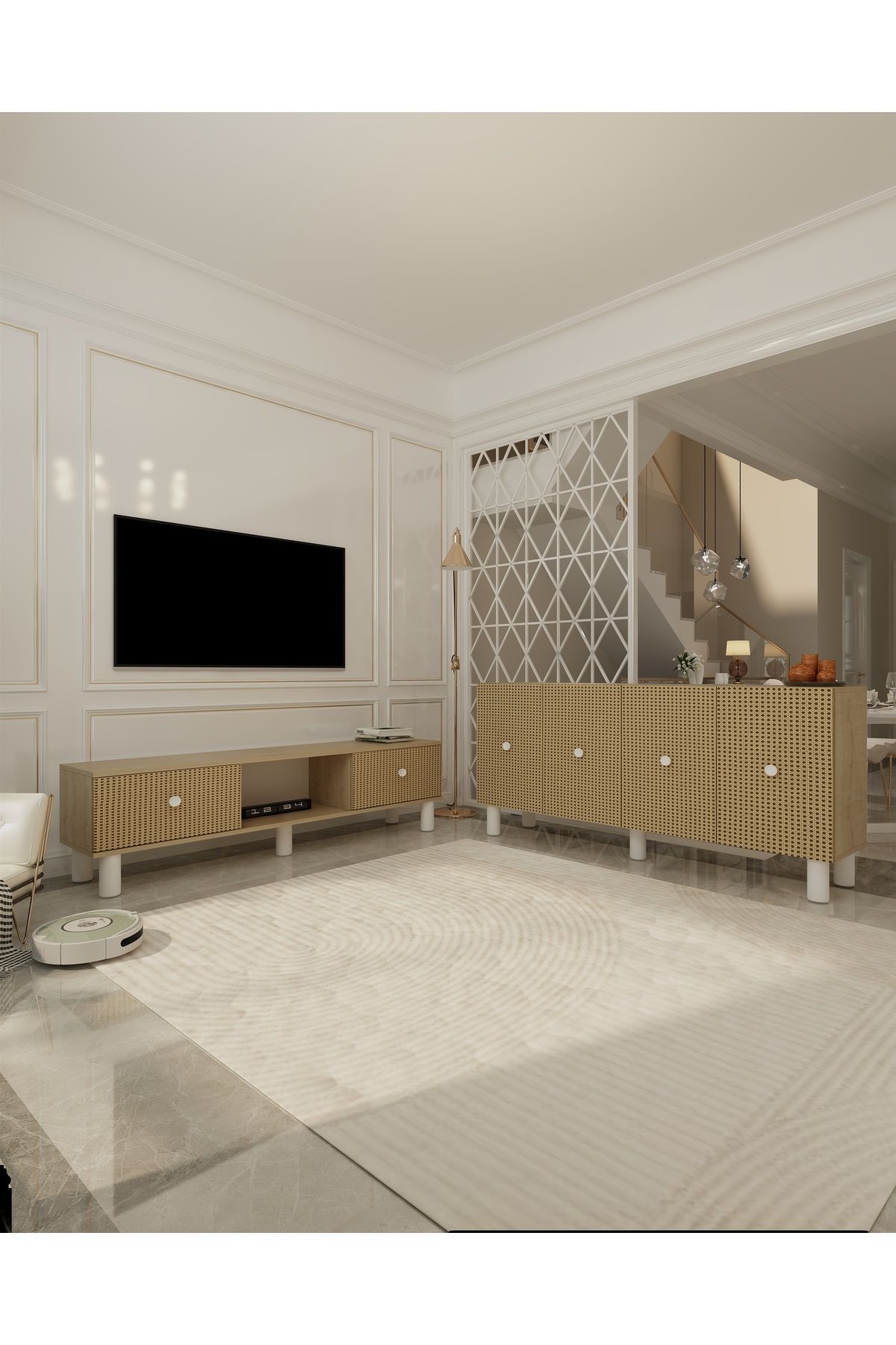DemonteHome MONODH BOHEM KONSOL (KB150) VE BOHEM TV SEHPASI 2'LI SALON TAKIMI SAFİRMEŞE-HAZERAN DESEN