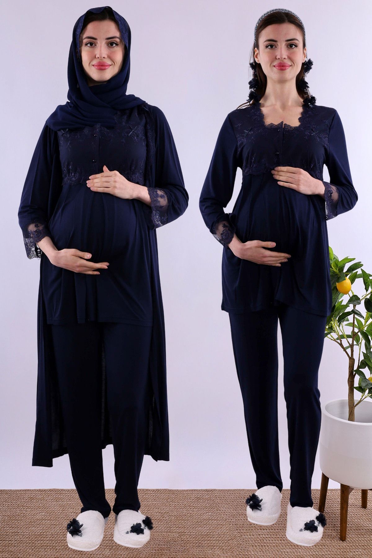 ByLohusa Effortt Lacivert Tesettürlü Uzun Sabahlıklı Hamile Lohusa Pijama Takımı Byl2t24072