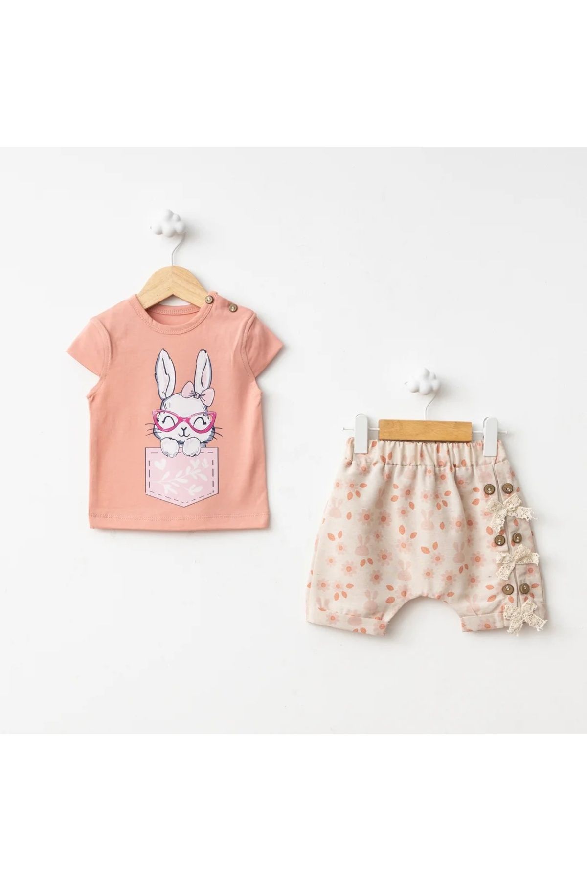 Baby Fou Kız Bebek Pembe Şort ve tişört takımı - Tavşan Baskılı Şort Tshirt