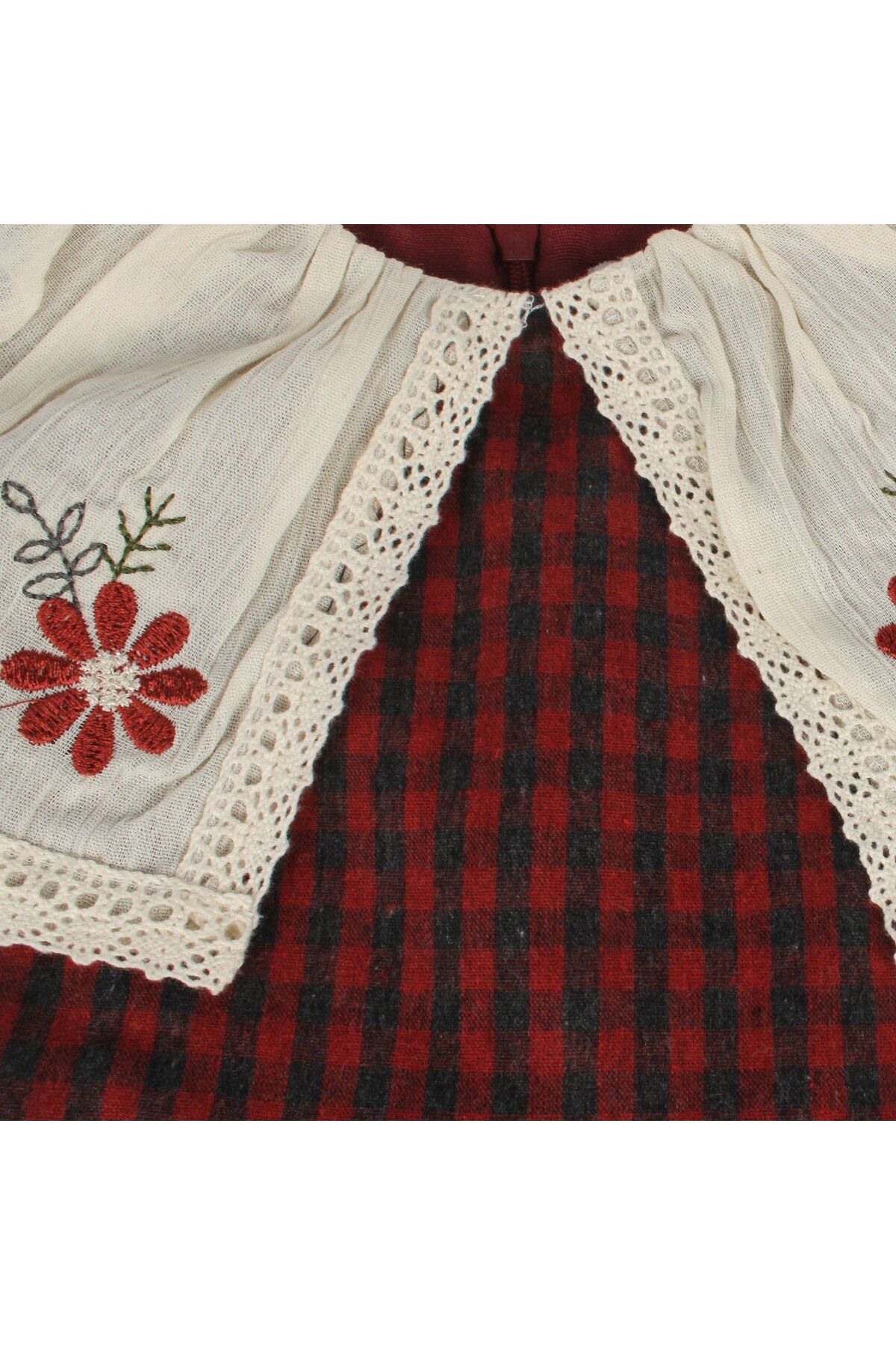 bebegen-Girl's Ecru Red Plaid Patterned Collared Scalloped Flower Embroidered Dress 5
