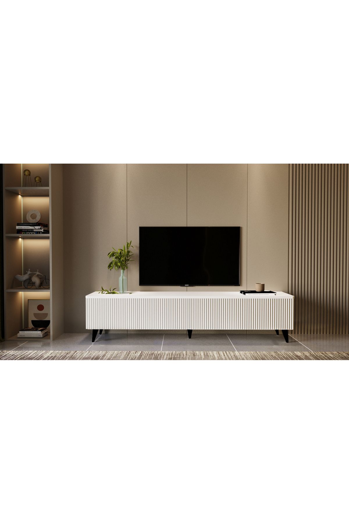 Şahan Yalıtım Elegance Plus - Modern Çizgi Kapaklı beyaz MDF TV Sehpası 160x45x30