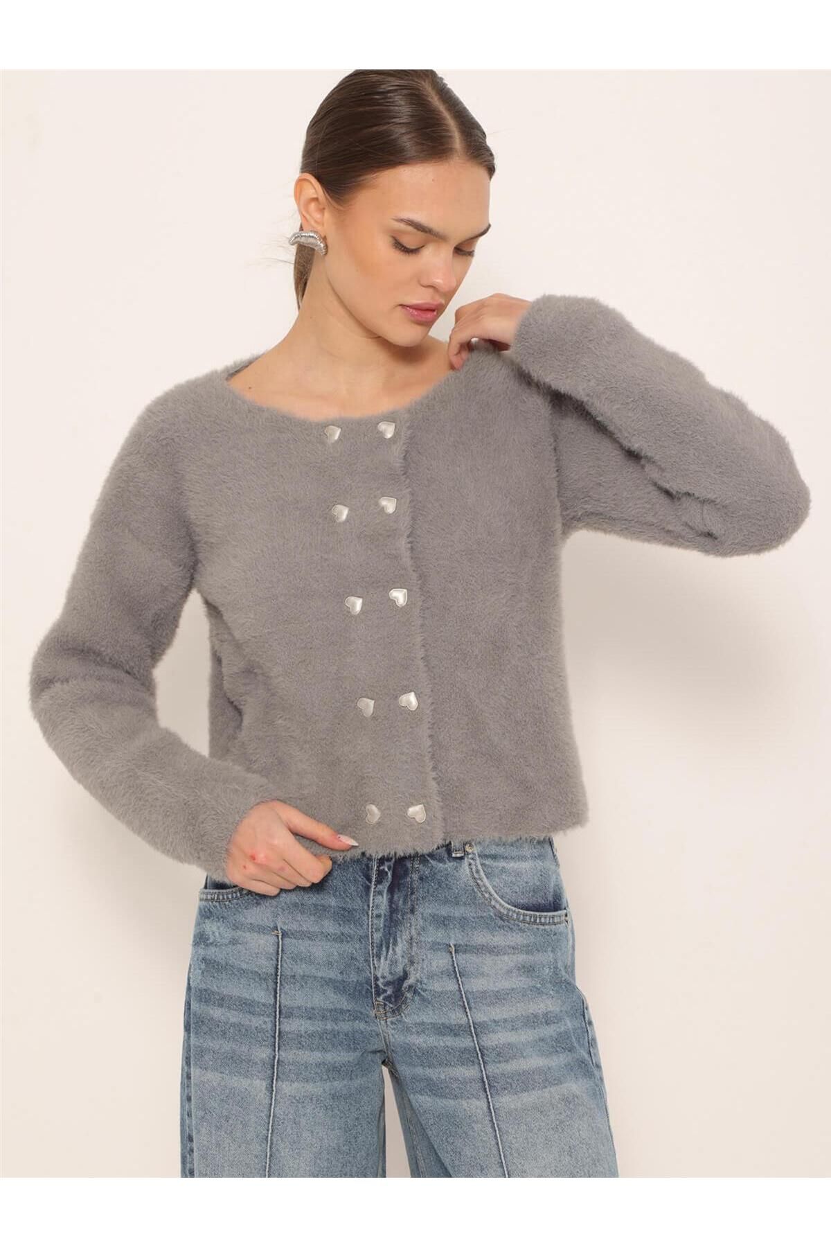 Coral-Gray Heart Buttoned Soft Cardigan 2