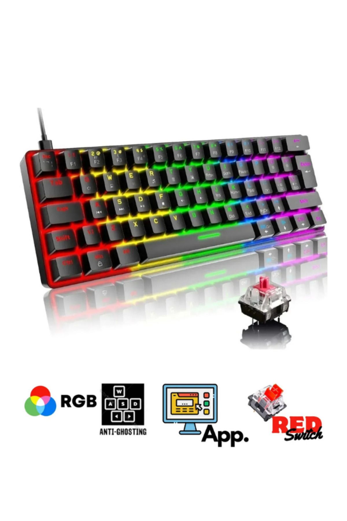 Hietech Kablolu Gaming Oyuncu Klavyesi Siyah Rgb Uygulamalı Kırmızı Red Switch Gaming Klavye Rgb T60