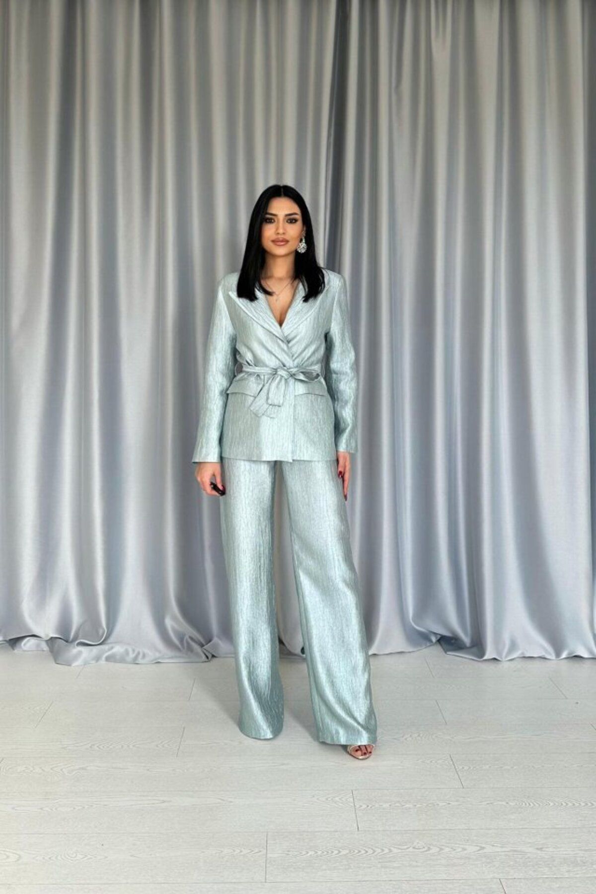 velmorafashion Mint Beli Kuşaklı Ceket Ve Pantolon Parlak Takım