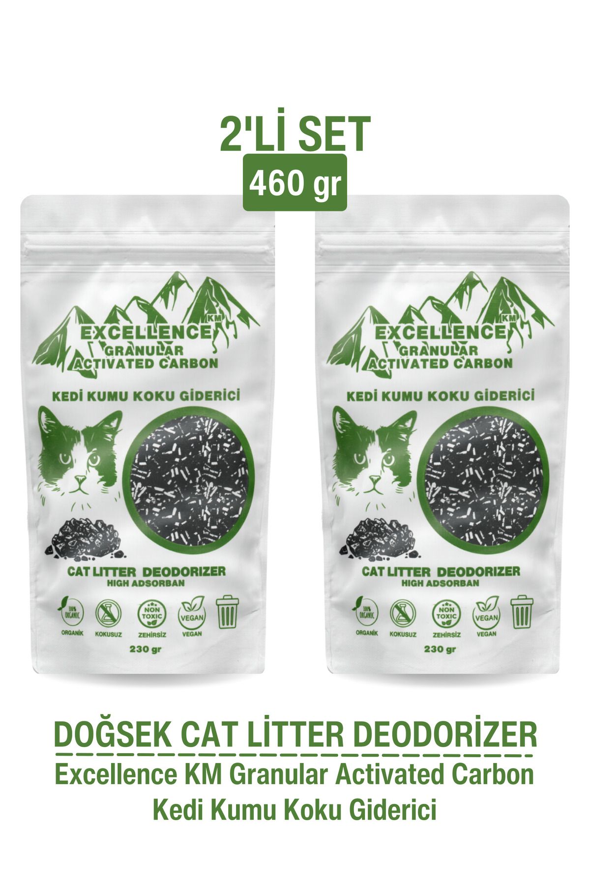 DOĞSEK Kedi Kumu Koku Giderici 2'li Set 460gr Eksellence Km Granular Activated Carbon Granül Aktif Karbon