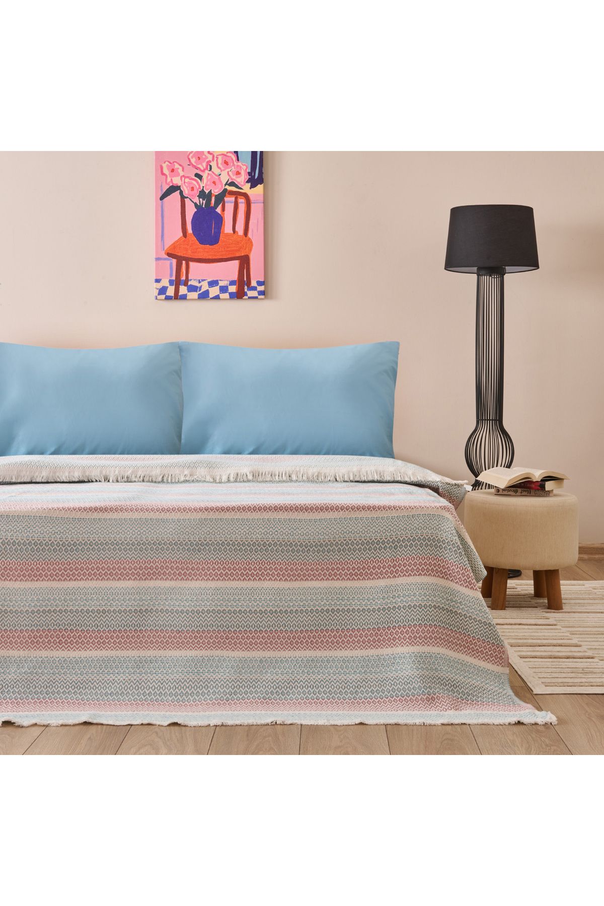 Evidea Soft Vita Çift Kişilik Pike - Ekru / Mavi - 200x230 cm