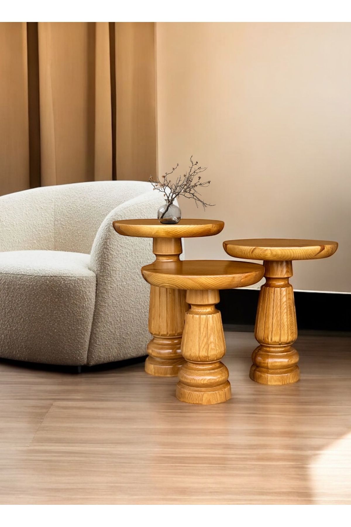 ASELYA HOME Doğal Ahşap 3’lü Set Mantar Yan Sehpa Modern Meşe Renk Fiskos Zigon Çiçeklik