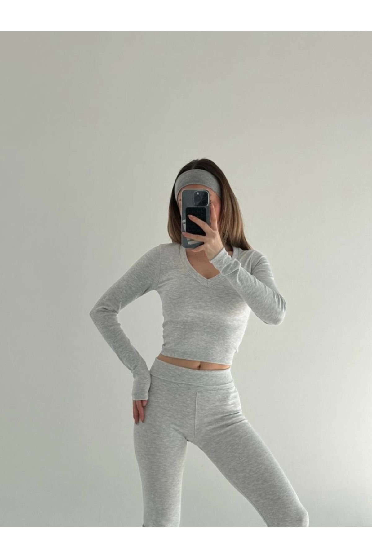 velmorafashion V Yaka Uzun Kollu Bluz İspanyol Paçalı Tayt İkili Takım - Gri