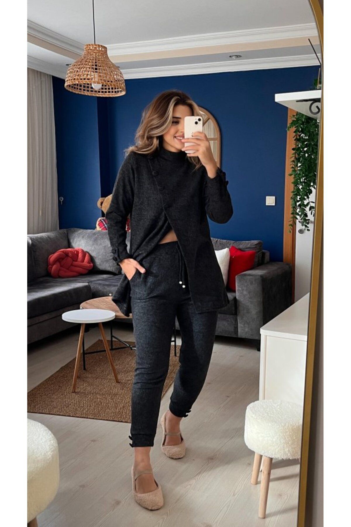 Veronika Mağazacılık Kadın Uzun Kollu Balıkçı Yaka önden Düğmeli Bluz Ve Pantolon Yumoş Ikili Takım
