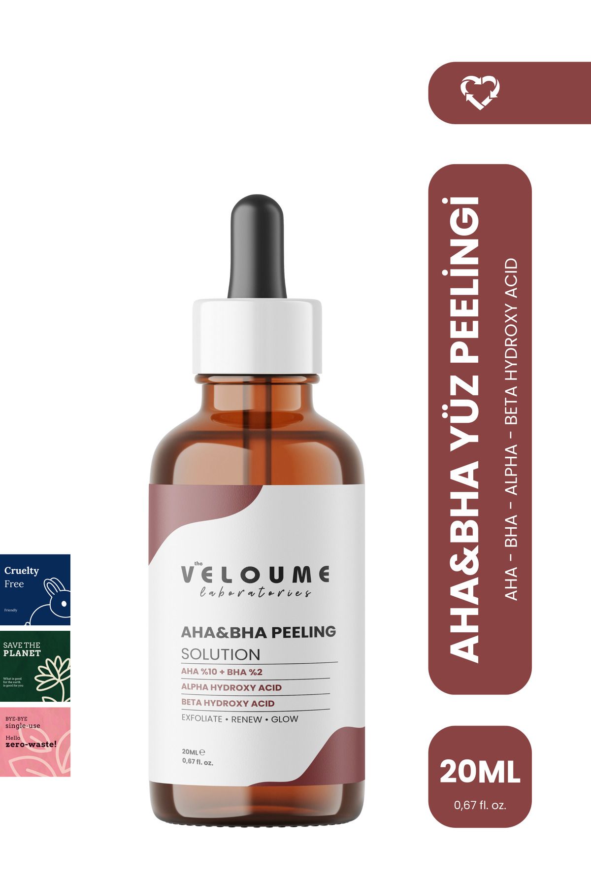 The Veloume Labs AHA&BHA Canlandırıcı, Cilt Tonu Eşitleyici, Yüz Peelingi, aha%10 & bha&2, 20ml