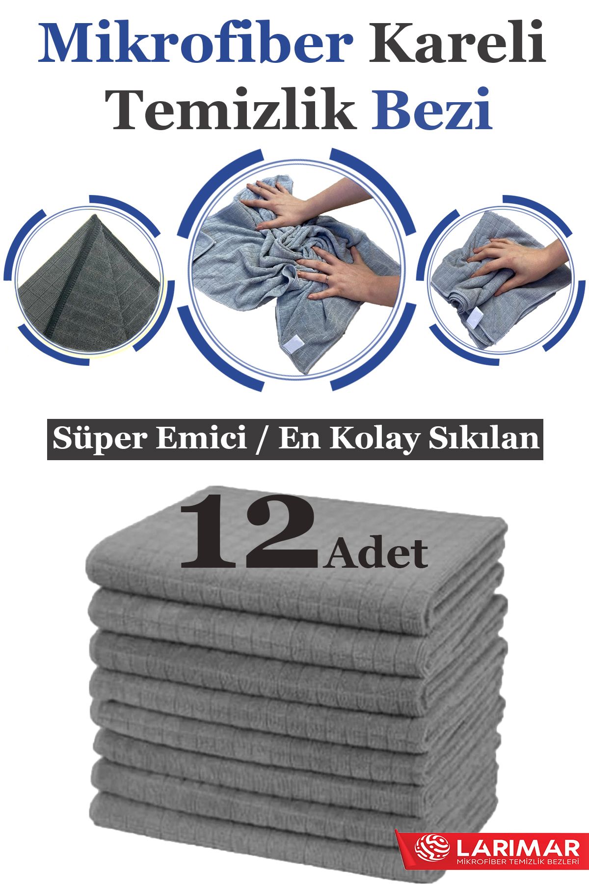 Larimar 12 Adet Jumbo Boy Mikrofiber Kareli Temizlik Bezi Duvar Ve Yer Silme Bezi Sıkılması En Rahat 50*70cm