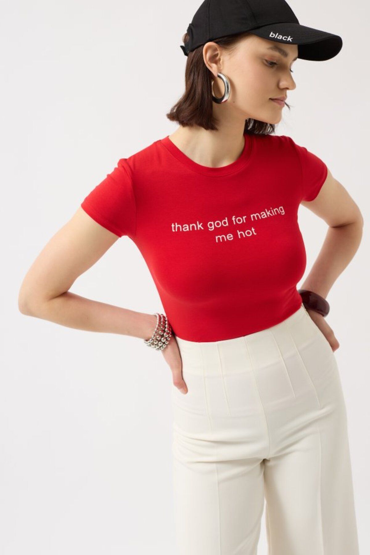 velmorafashion Thanks God Baskılı Likralı Crop T-Shirt