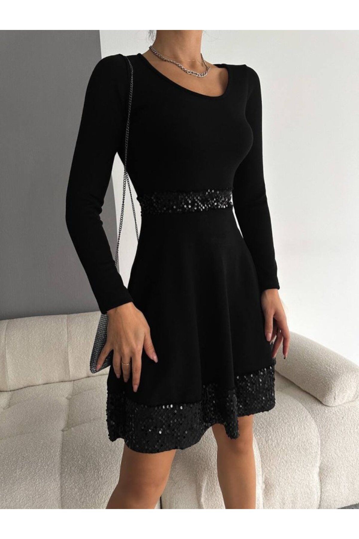 fh fashionhere Kadın Bisiklet Yaka Beli Ve Eteği Pul Payet Detay Fırsat ürün Diz üstü Elbise