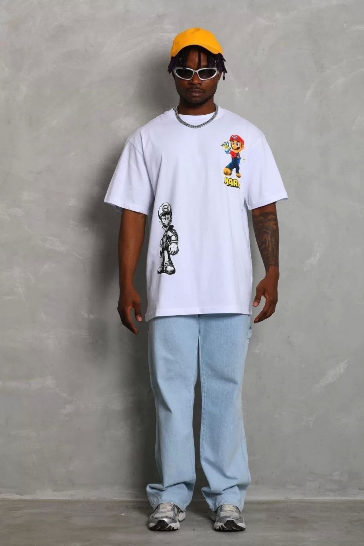 DİAWAYS Unisex Oversize Baskılı Bisiklet Yaka T-Shirt - Beyaz