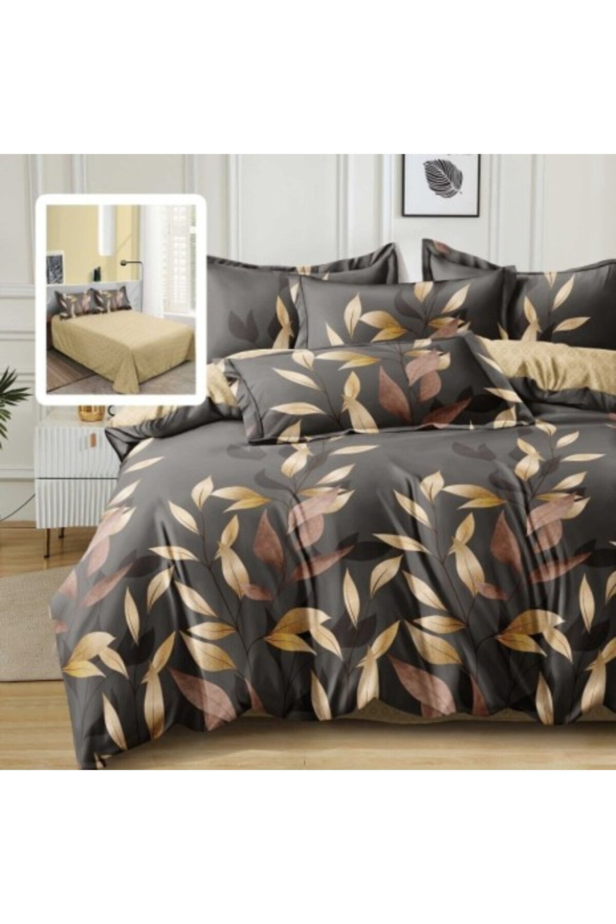 Pucioasa-Double Bed Linen Set from Finet, Duvet Sheet 200x220cm, 6 Pieces, Beige Leaves 1