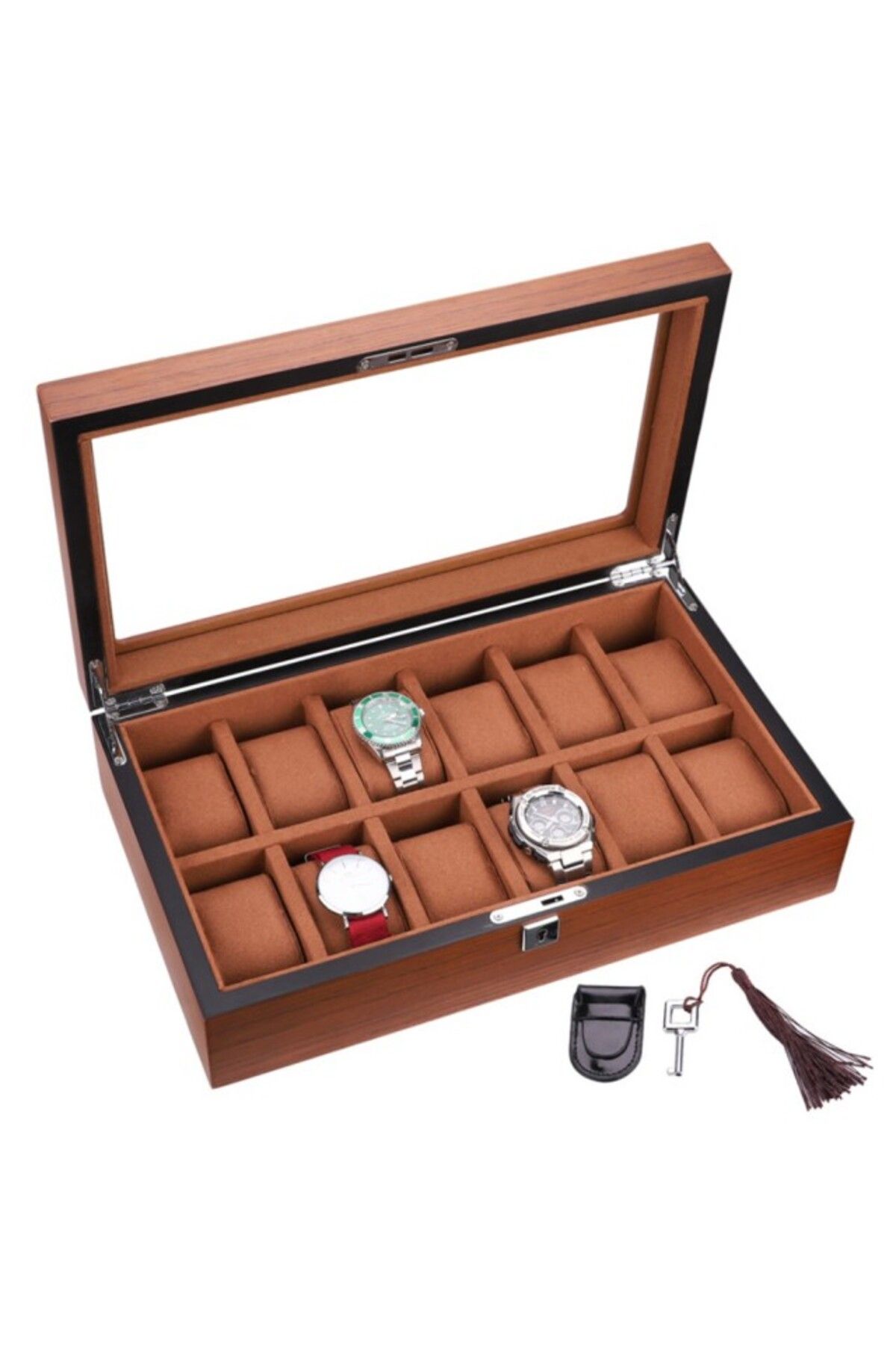 PUFO-Wooden Box For Storing And Organizing 12 Watches, Elite Edition Model, With Key, Brown 1