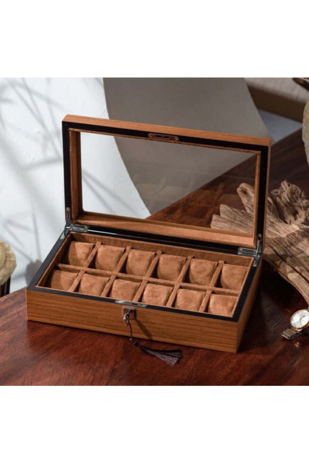 PUFO-Wooden Box For Storing And Organizing 12 Watches, Elite Edition Model, With Key, Brown 8