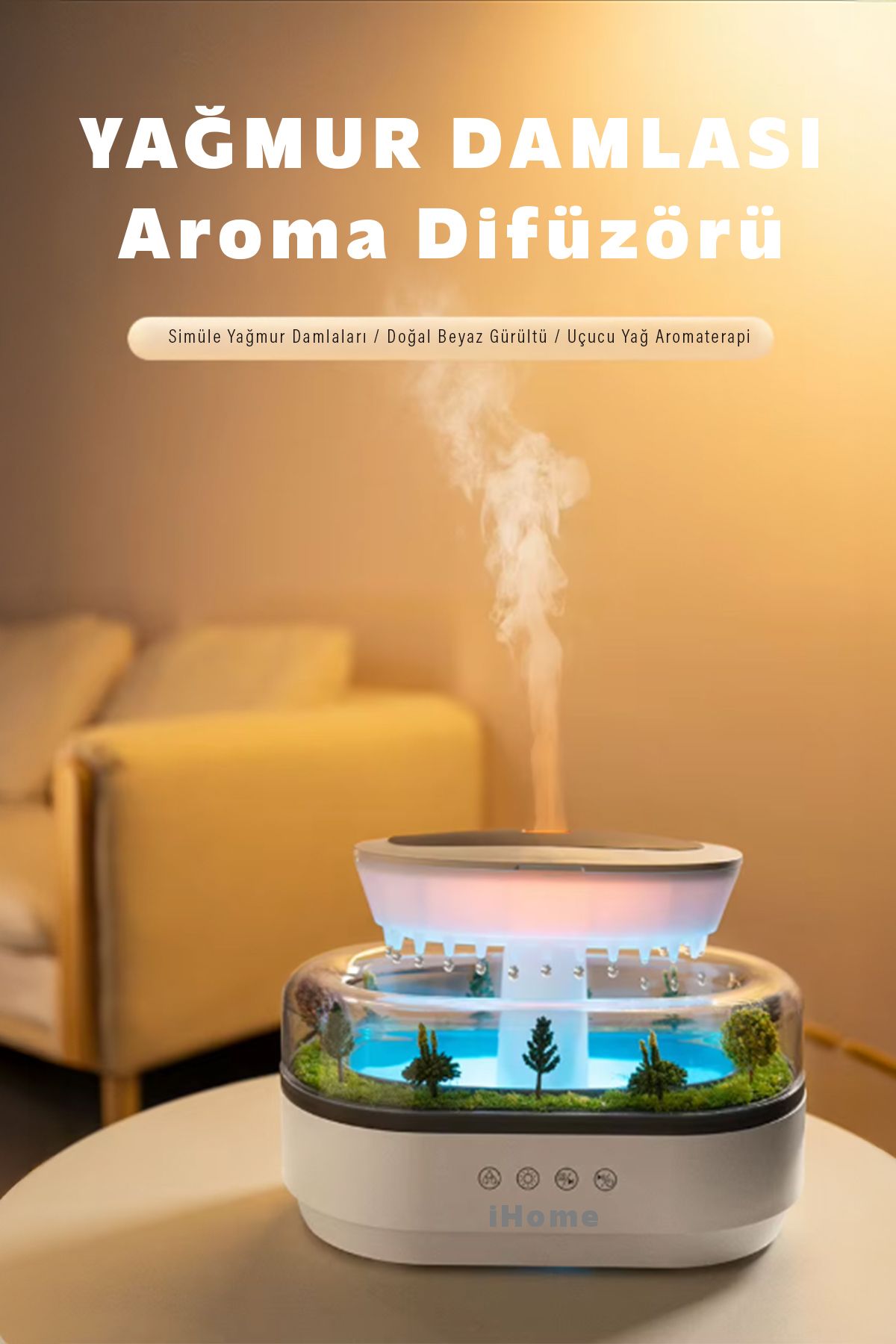 iHome Mikro Peyzaj Yağmur Damlası Aromaterapi Difüzör Uçucu Yağ Aromaterapi Renkli Işıklı Sis Difüzörü