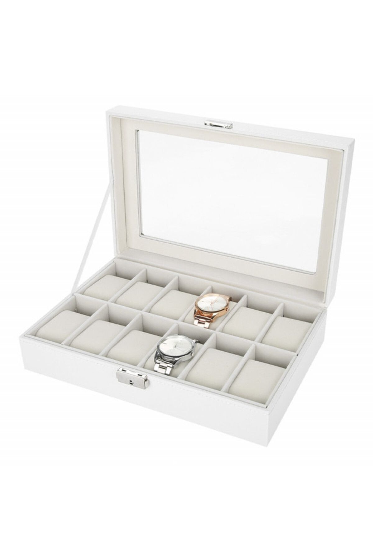PUFO-Elegant storage box with compartments for 12 watches, Pufo Premium model with key, white 6