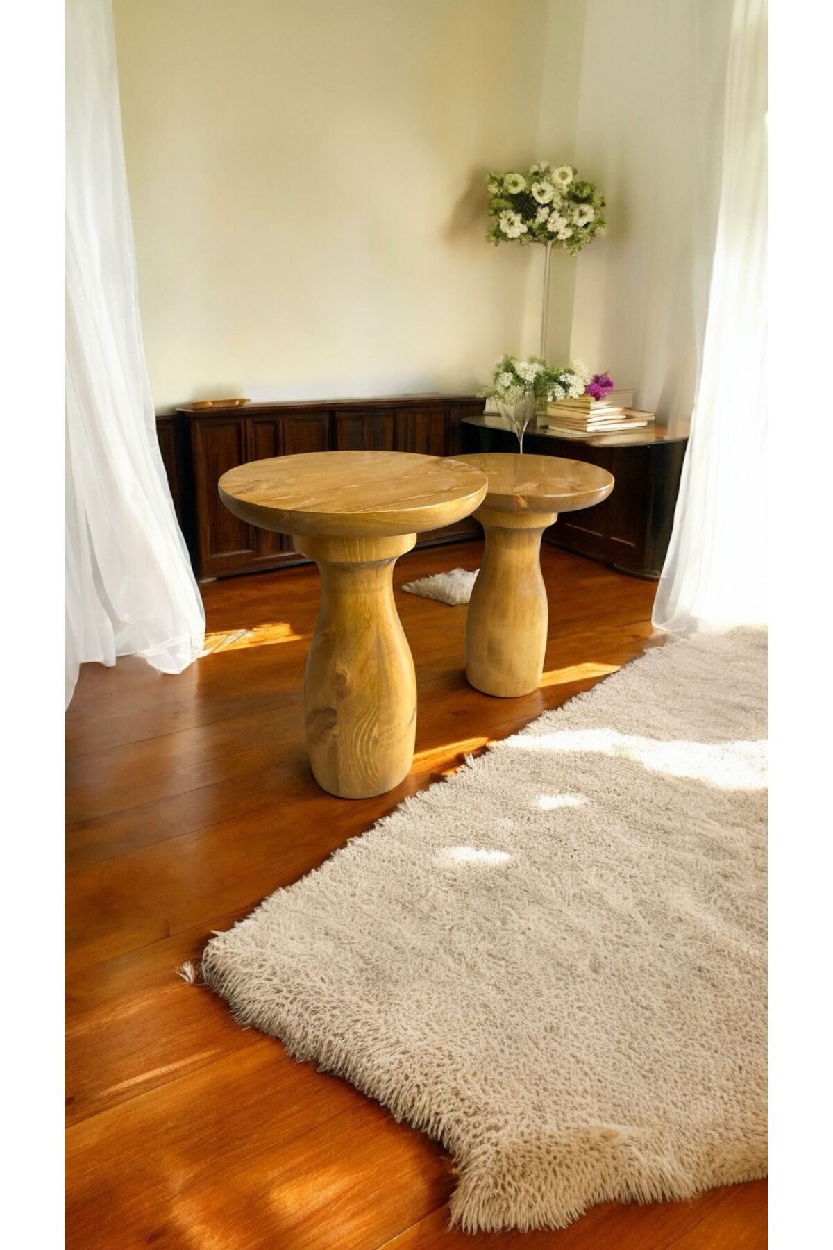 Simillo Home&Living Wood Ahşap 2'li Set Vazo Model Mantar Yan Sehpa Modern Fiskos / Tütün Renk / Zigon Sehpa Vernikli