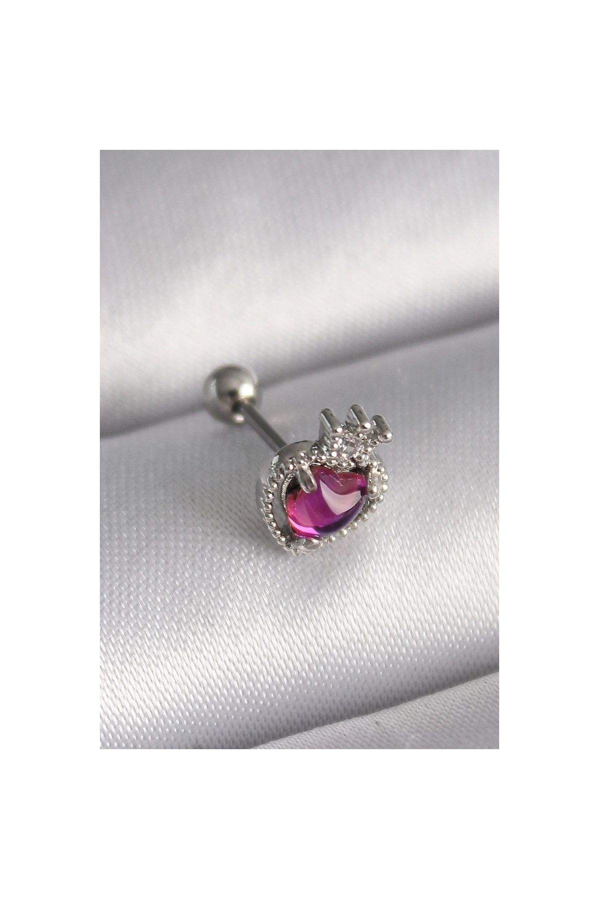 Marsilyan 316L Çelik Gümüş Renk Pembe Mineli Kalp Zirkon Taş Detaylı Taç Tragus Piercing - TJ-PR1263