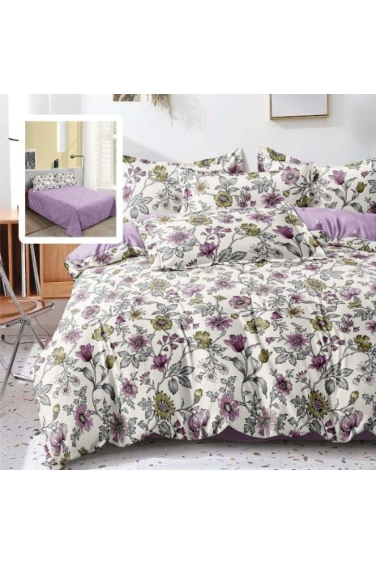 Pucioasa Lenjerie De Pat Dublu Din Satin Fin, Husă Pilotă 200x220cm, Set 6 Piese, Flori Mov - One Size