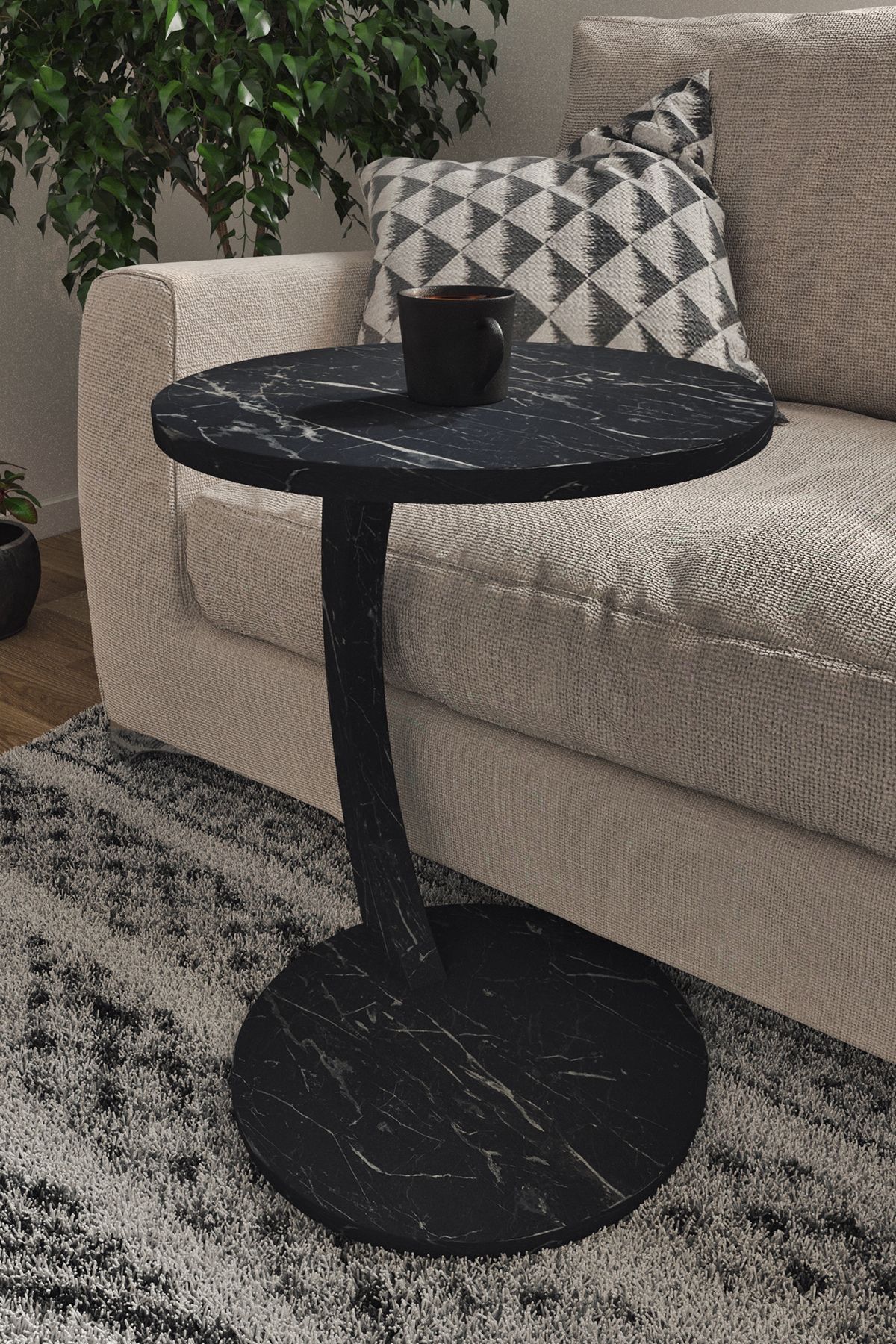 interGO-C-shaped Round End Table With Rolling Wheels - Black Marble 2