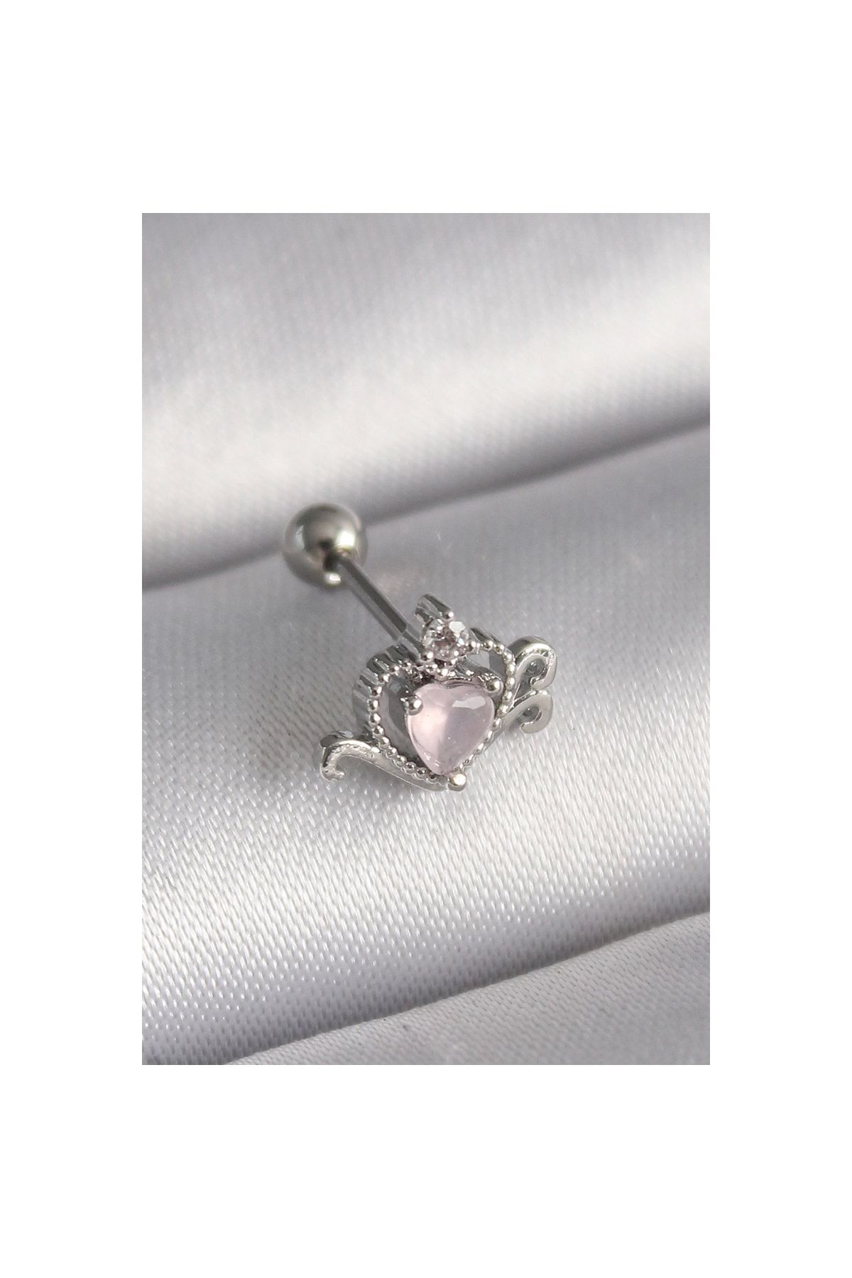 Marsilyan 316L Çelik Gümüş Renk Pembe Mineli Kalp Zirkon Taş Detay Tragus Piercing - TJ-PR1261