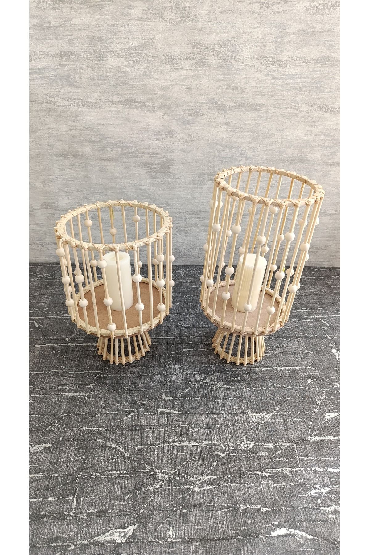 Sorgun Kadın Kooperatifi Dekoratif Ahşap Boncuklu Bohem Bambu Fener Set (28 cm & 35 cm)