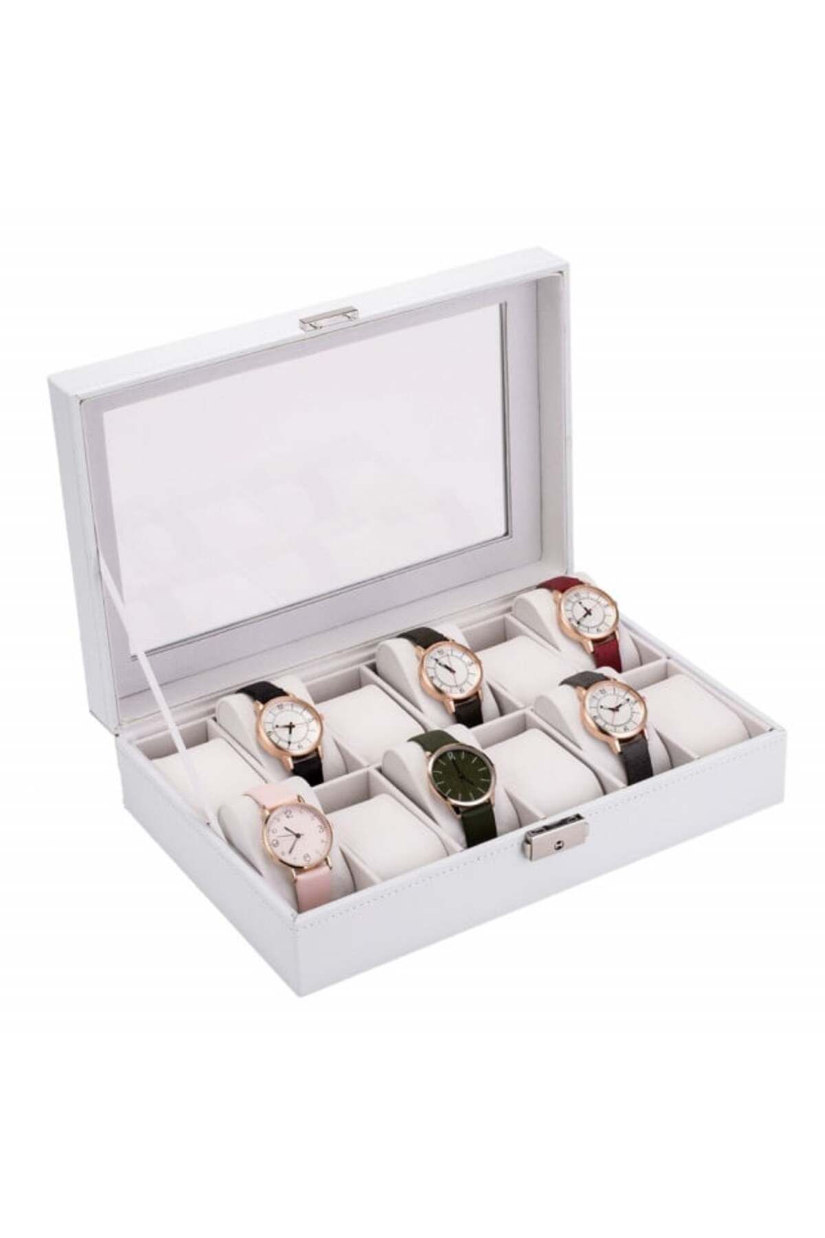 PUFO-Elegant storage box with compartments for 12 watches, Pufo Premium model with key, white 5