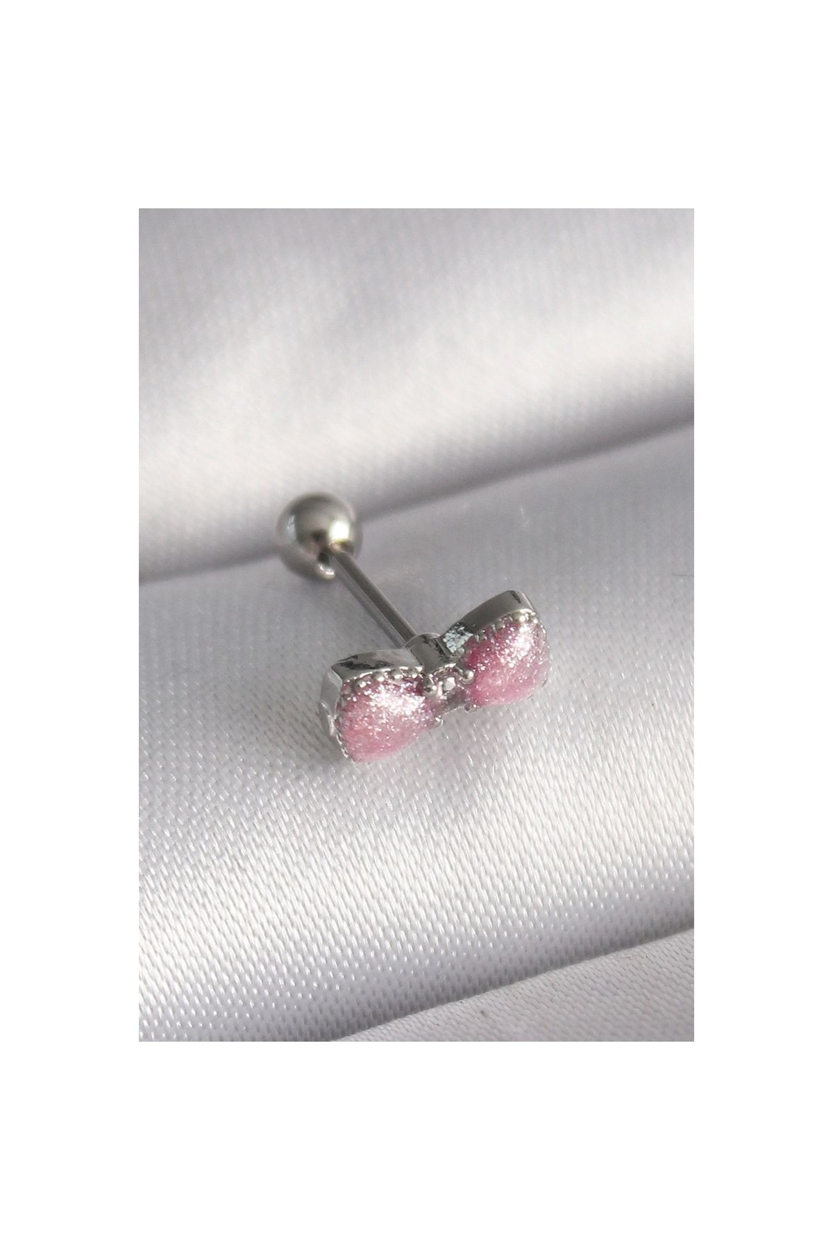 Marsilyan 316L Çelik Gümüş Renk Pembe Kurdele Zirkon Taş Detay Tragus Piercing - TJ-PR1295