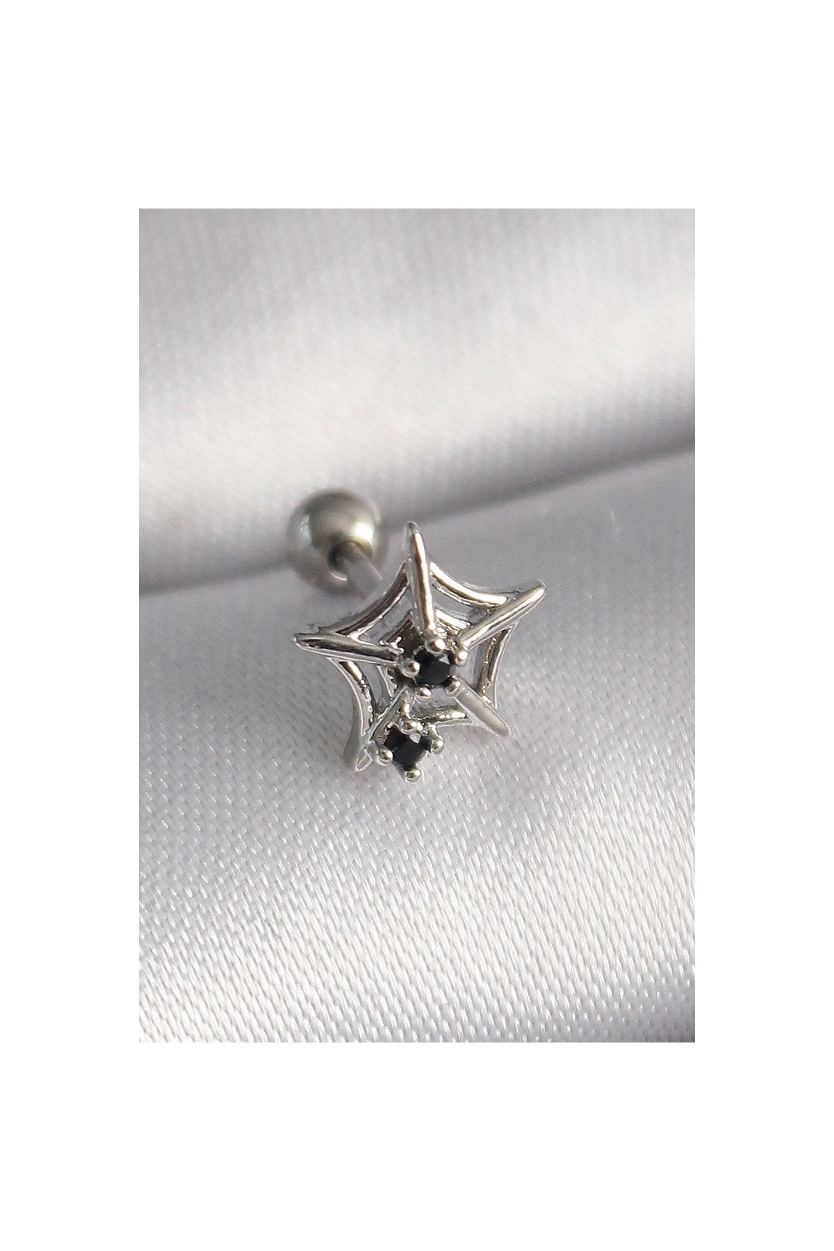 Marsilyan 316L Çelik Gümüş Renk Siyah Zirkon Taş Detay Örümcek Ağ Model Tragus Piercing - TJ-PR1293