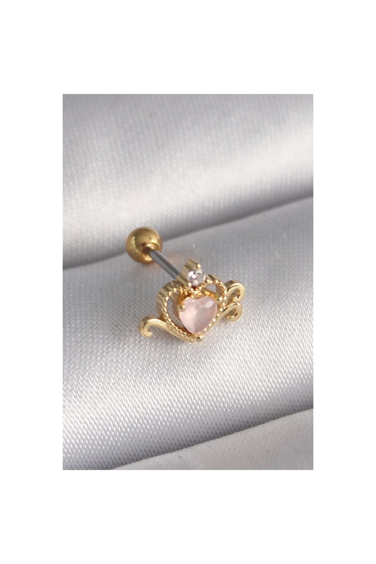 Marsilyan 316L Çelik Gold Renk Pembe Mineli Kalp Zirkon Taş Detay Tragus Piercing - TJ-PR1260