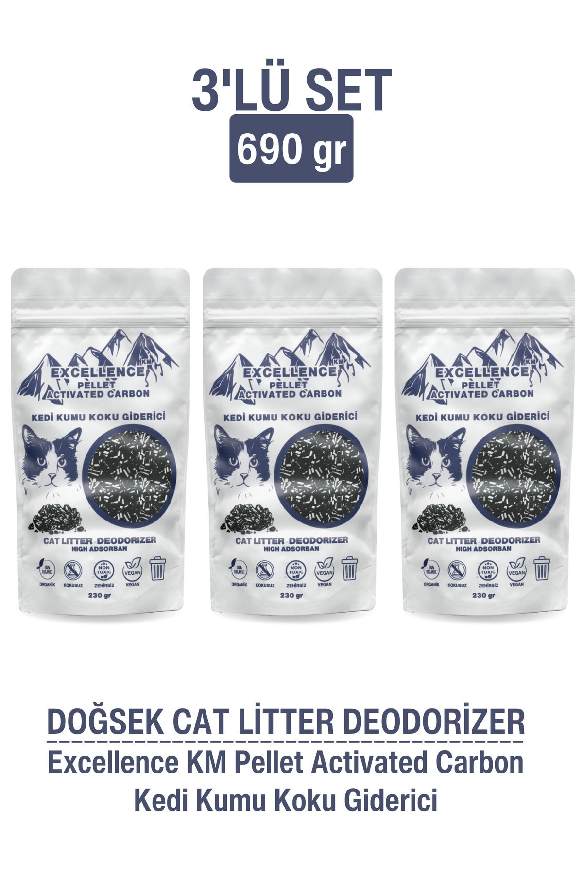 DOĞSEK Kedi Kumu Koku Giderici 3'lü Set 690gr Eksellence Km Pellet Activated Carbon Pelet Aktif Karbon