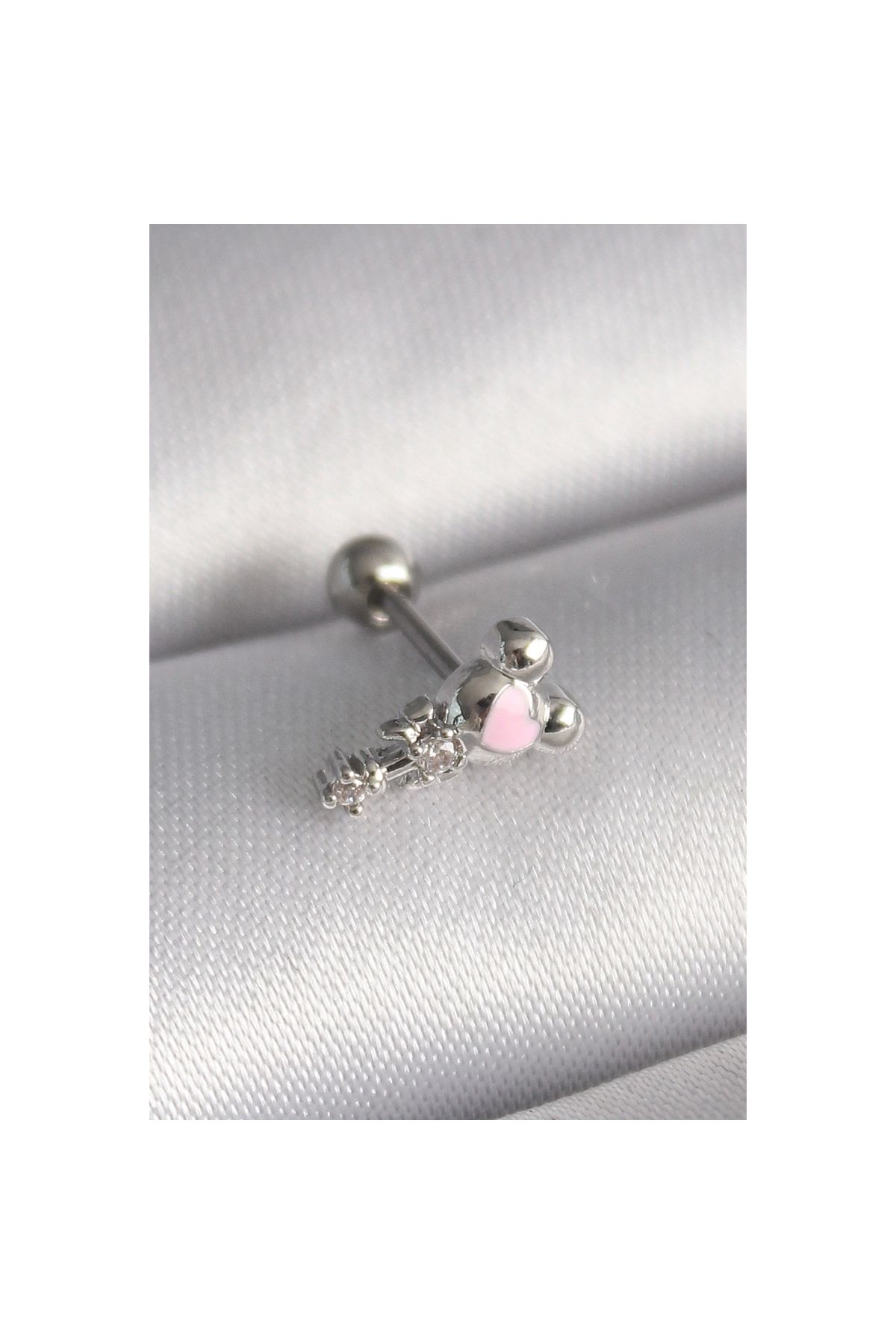 Marsilyan 316L Çelik Gümüş Renk Zirkon Taş Detay Pembe Kalp İşleme Tragus Piercing - TJ-PR1281
