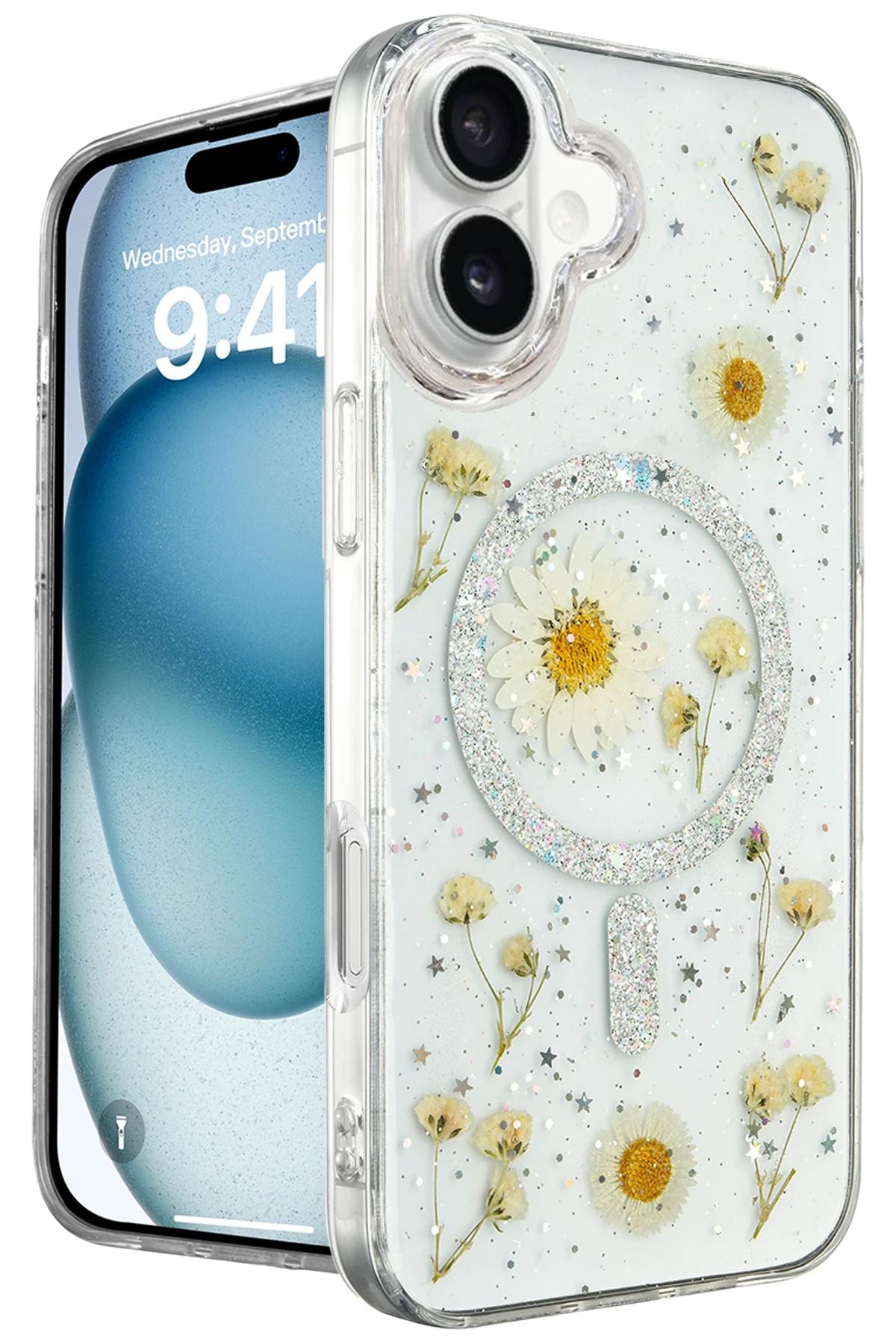 NewFace iPhone 16 Kılıf Daisy Simli Magsafe Kapak - Gümüş INSLM