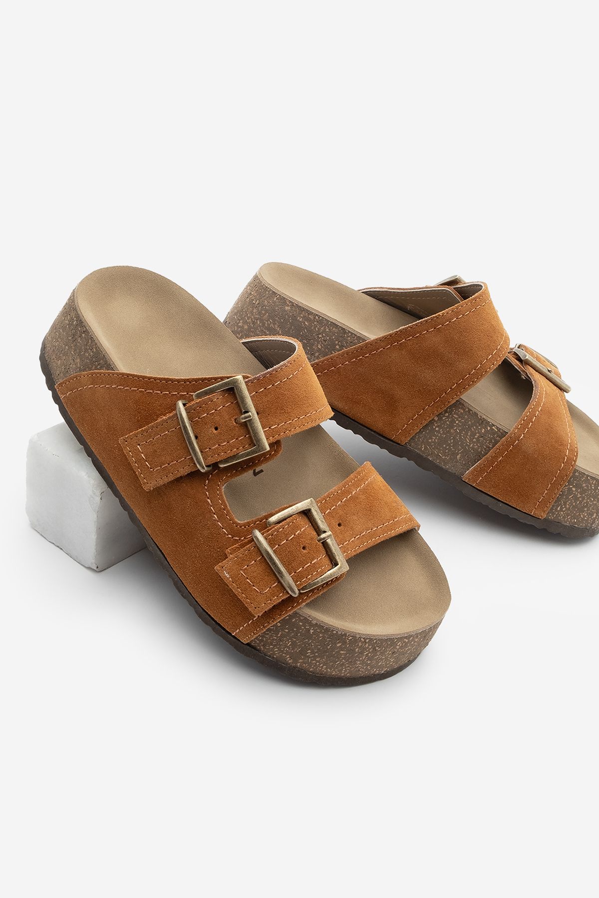 Marjin Damskie Oryginalne Skórzane Podwójne Paski Korkowe Wysokie Kapcie Casualowe Roneta Brown Suede Kobieta - 39